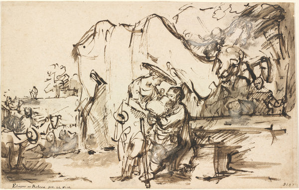 Eliezer and Rebecca at the Well by Rembrandt van Rijn (Dutch, 1606 - 1669), 16X12"(A3)Poster Print