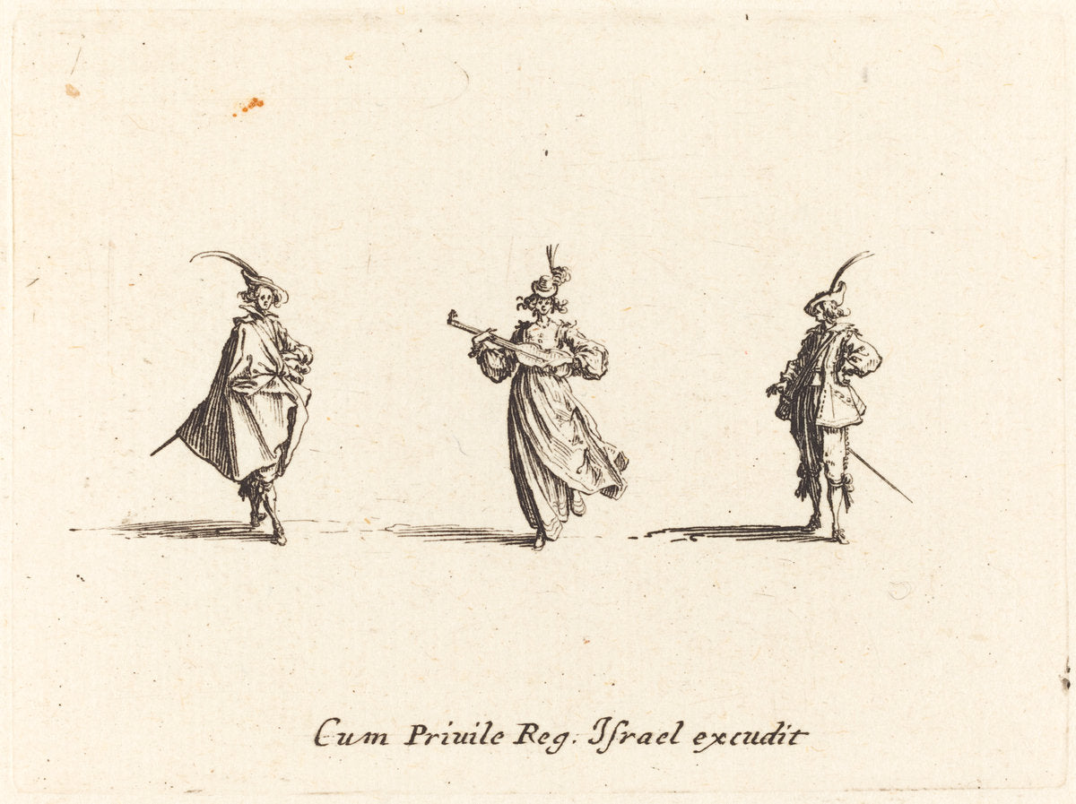 Lady with String Instrument, and Two Gentlemen by Jacques Callot (French, 1592 - 1635), 16X12"(A3)Poster Print