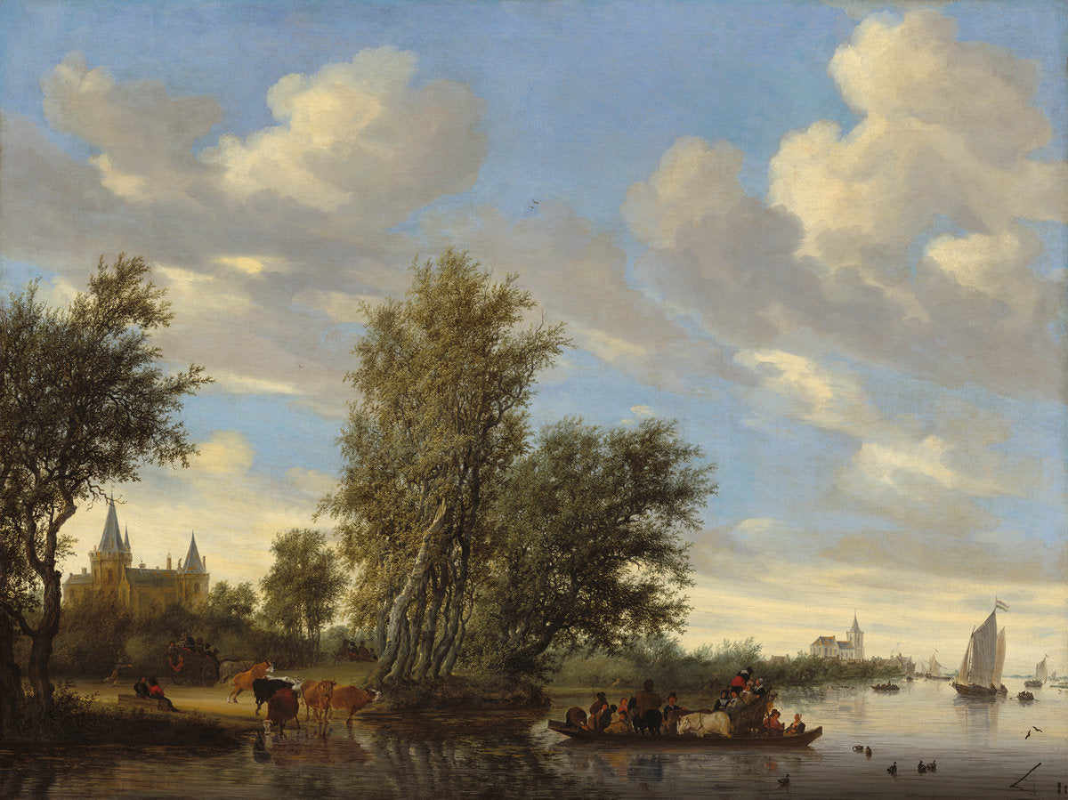 River Landscape with Ferry by Salomon van Ruysdael (Dutch, 1600/1603 - 1670), 16X12"(A3)Poster Print