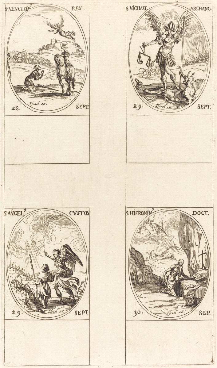 St. Wenceslas; St. Michael, Archangel; The Guardian Angel; St. Jerome by Jacques Callot (French, 1592 - 1635), 16X12"(A3)Poster Print