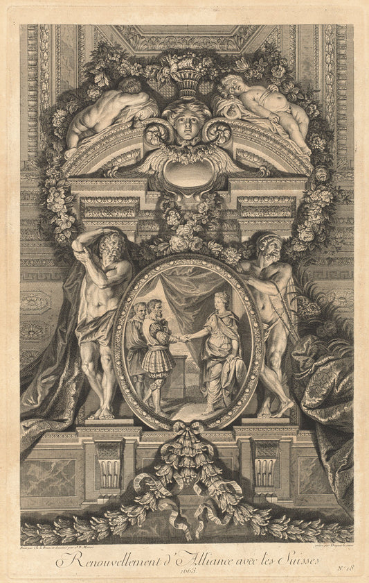 Renouvellement d'Alliance avec les Suisses 1663 (Renewal of Alliance with the Swiss 1663) [pl. 18] by Jean-Baptiste Massé (designer) and Nicolas-Gabriel Dupuis (engraver) after Charles Le Brun (French, 1687 - 1767), 16X12"(A3)Poster Print