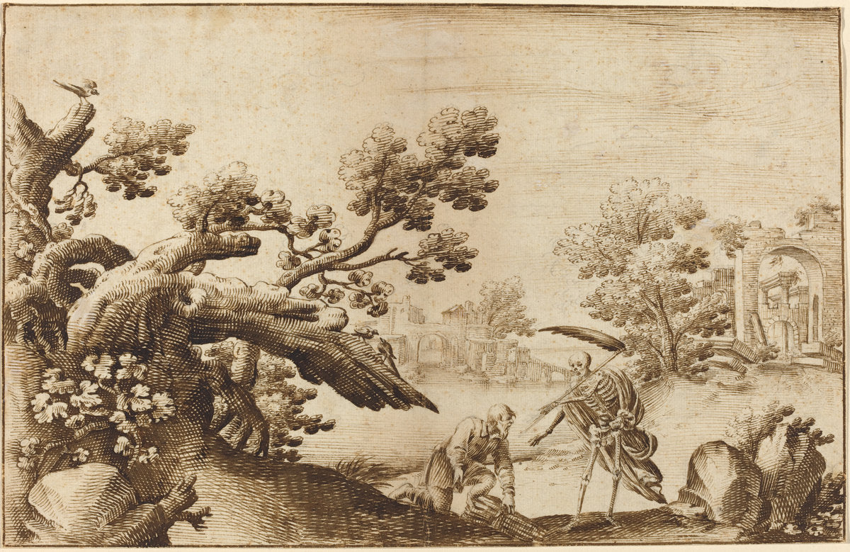 Death and the Woodman in a Coastal Landscape with Ruins by Ercole Bazicaluva (Florentine, c. 1610 - 1661 or after), 16X12"(A3)Poster Print