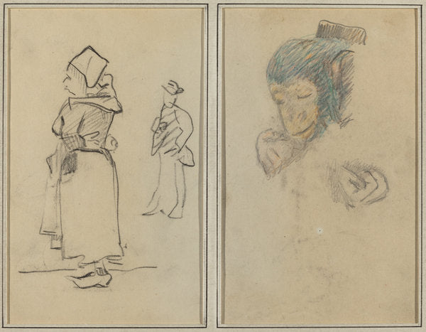 A Breton Woman and a Standing Man; Head and Hand of a Monkey [recto] by Paul Gauguin (French, 1848 - 1903), 16X12"(A3)Poster Print