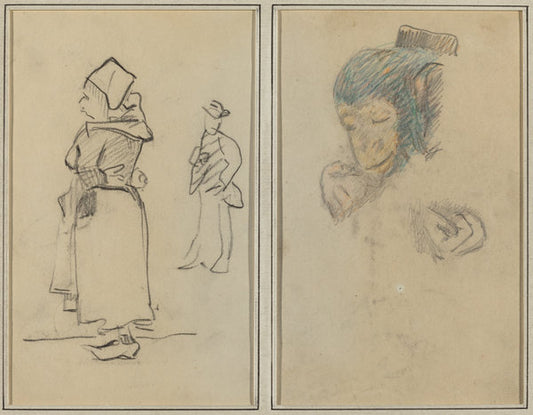 A Breton Woman and a Standing Man; Head and Hand of a Monkey [recto] by Paul Gauguin (French, 1848 - 1903), 16X12"(A3)Poster Print