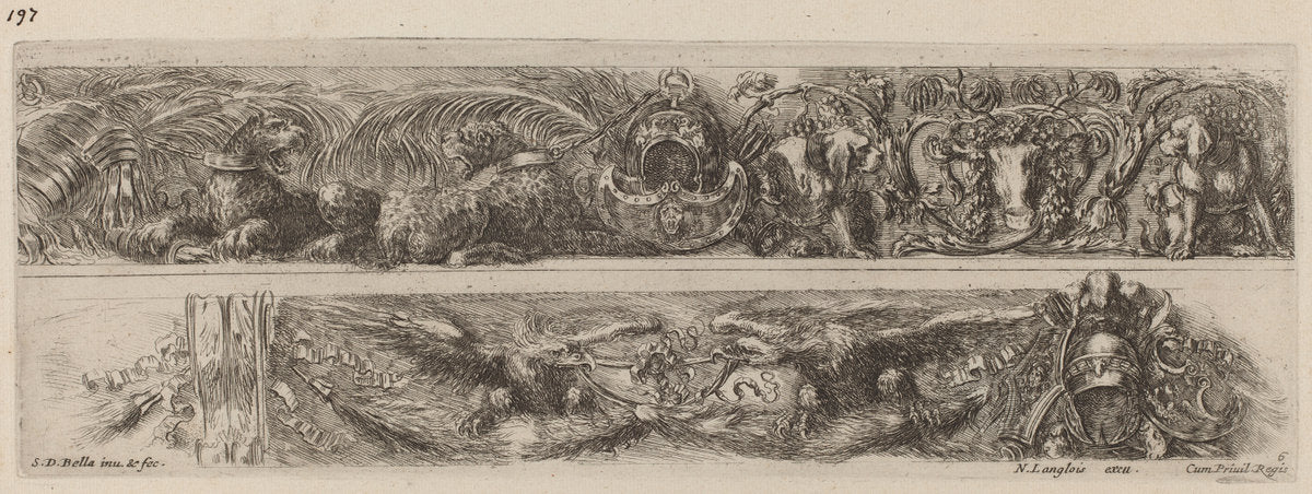 Two Ornamental Bands with Chained Leopards and Eagles by Stefano Della Bella (Italian, 1610 - 1664), 16X12"(A3)Poster Print