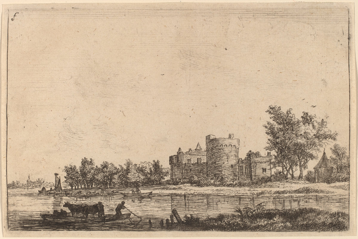 Two Cows on a Ferry by Anthonie Waterloo (Dutch, 1609/1610 - 1690), 16X12"(A3)Poster Print