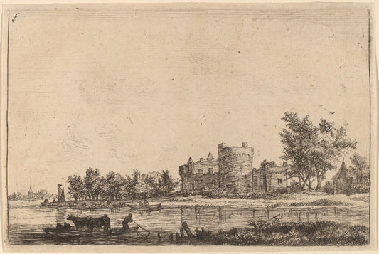 Two Cows on a Ferry by Anthonie Waterloo (Dutch, 1609/1610 - 1690), 16X12"(A3)Poster Print