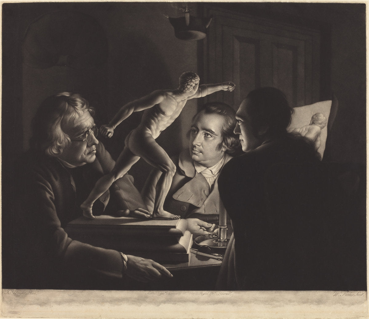 Three Persons Viewing the Gladiator by Candlelight by William Pether after Joseph Wright (British, c. 1738 - 1821), 16X12"(A3)Poster Print