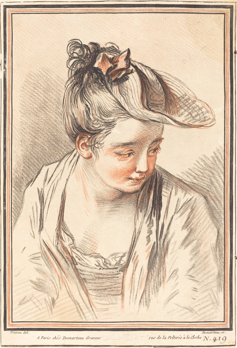 Head of a Young Woman by Gilles Demarteau, the Elder after Antoine Watteau (French, 1722 - 1776), 16X12"(A3)Poster Print