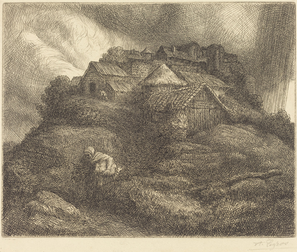 Village of Saint-Pierre during a Storm (Village de Saint-Pierre; Effet d'orage) by Alphonse Legros (French, 1837 - 1911), 16X12"(A3)Poster Print