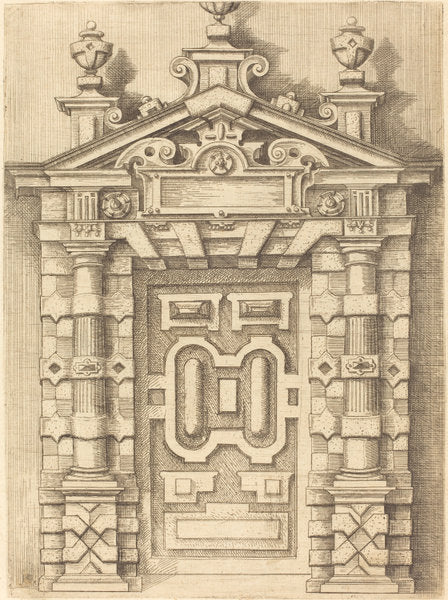 Pedimented Doorway by Wendel Dietterlin (author) and anonymous etcher (German, 1550 or 1551 - 1599), 16X12"(A3)Poster Print