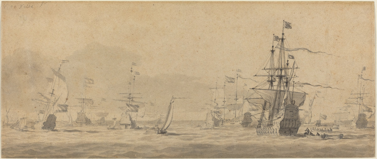 pen and black ink with gray wash by Style of Willem van de Velde the Younger (Marine), 16X12"(A3)Poster Print