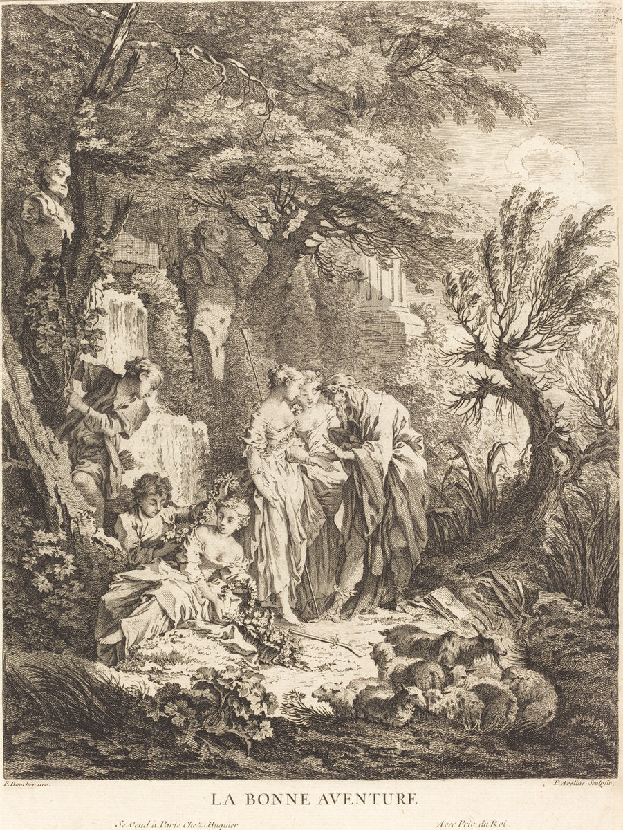 La Bonne Aventure by Pierre-Alexandre Aveline after François Boucher (French, probably 1702 - 1760), 16X12"(A3)Poster Print