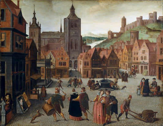 The Marketplace in Bergen op Zoom by Attributed to Abel Grimmer (Flemish, c. 1570 - 1618/1619), 16X12"(A3)Poster Print
