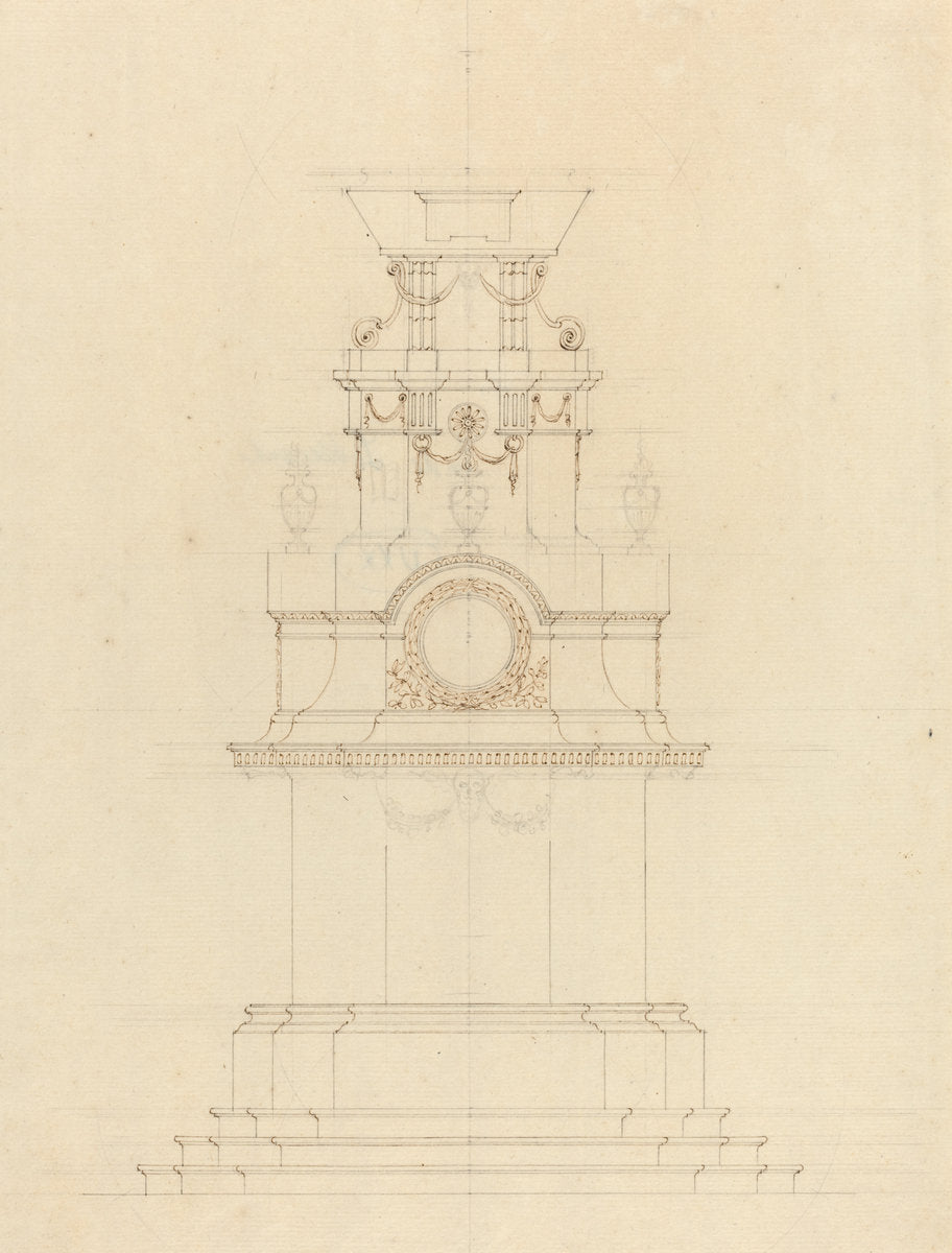 pen and black and brown ink over graphite on laid paper by French 18th Century (Design for a Catafalque), 16X12"(A3)Poster Print