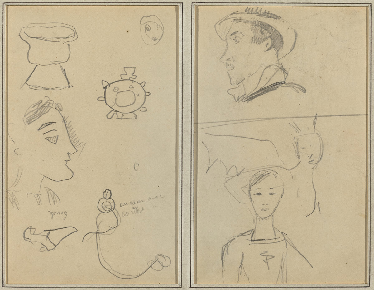 A Caricature and Five Forms; A Man in Profile, a Winged Creature and a Boy [verso] by Paul Gauguin (French, 1848 - 1903), 16X12"(A3)Poster Print