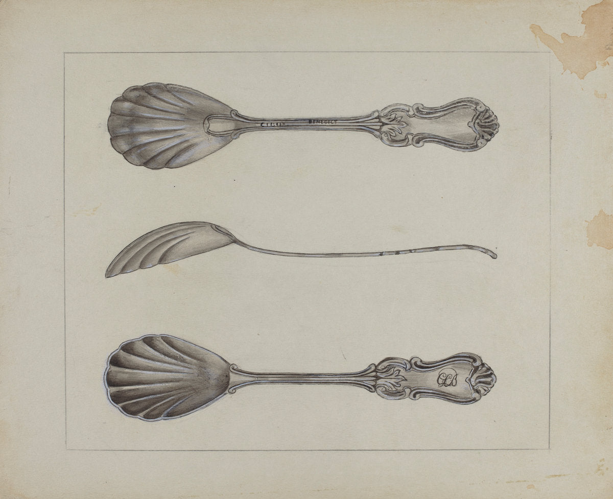 Two Silver Sugar Spoons by Anthony Zuccarello (American, active c. 1935), 16X12"(A3)Poster Print