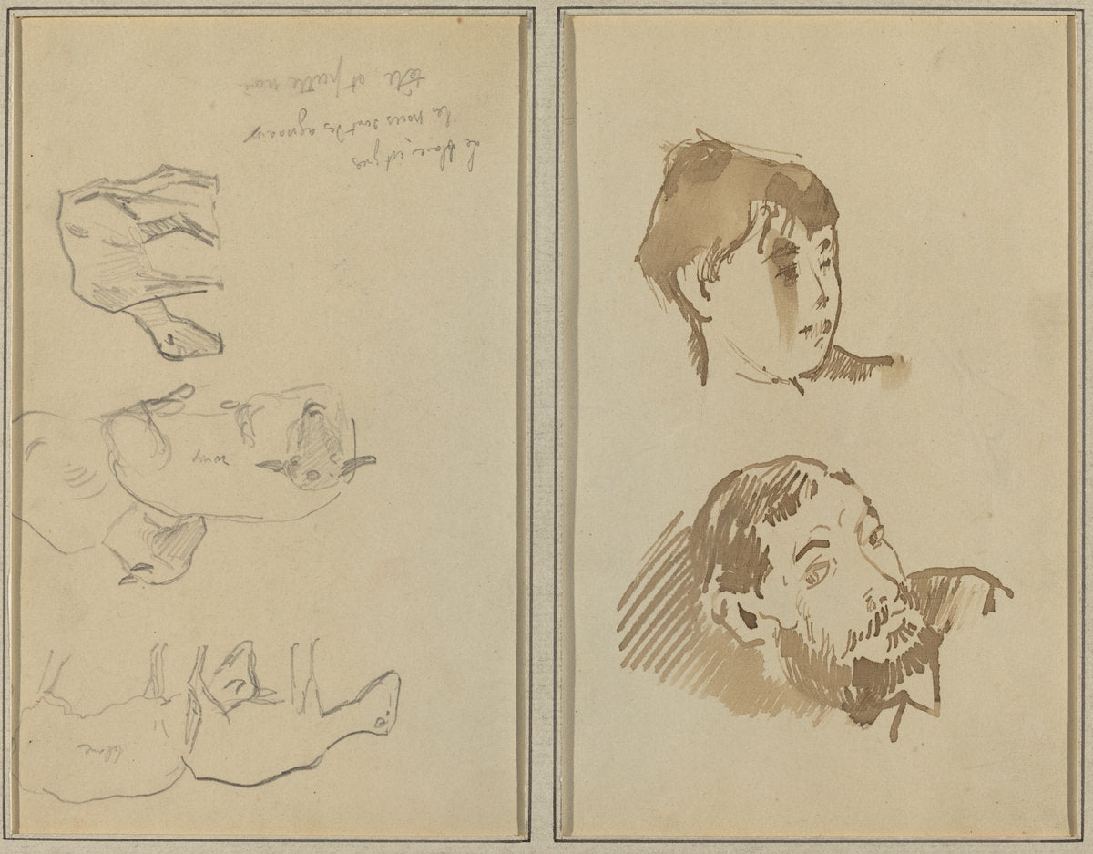 Five Sheep; Head of a Woman and Head of a Bearded Man [recto] by Paul Gauguin (French, 1848 - 1903), 16X12"(A3)Poster Print