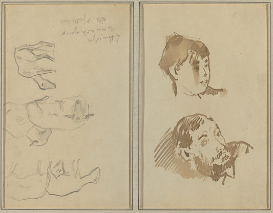 Five Sheep; Head of a Woman and Head of a Bearded Man [recto] by Paul Gauguin (French, 1848 - 1903), 16X12"(A3)Poster Print