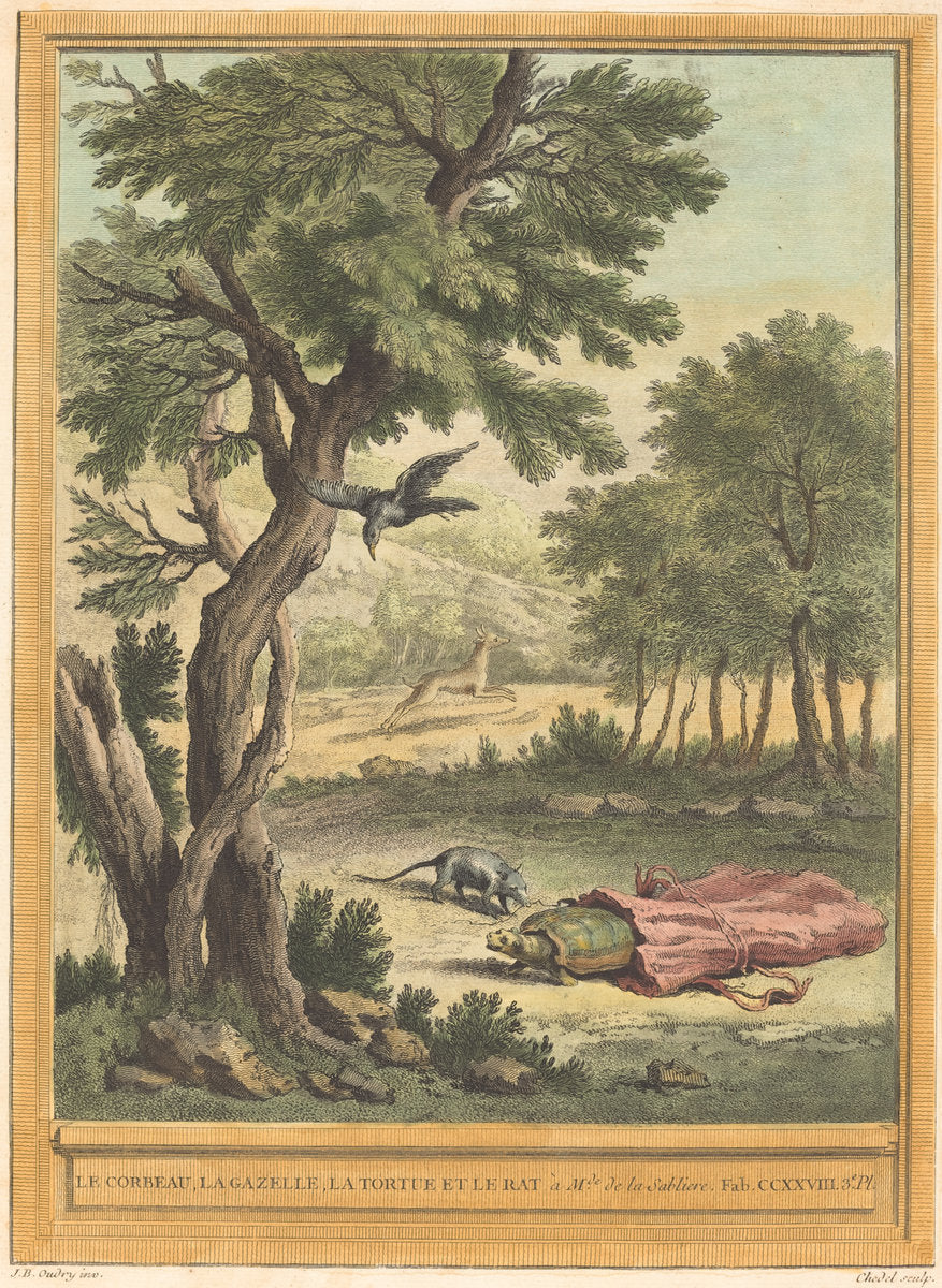 Le corbeau, la gazelle, la tortue et le rat (The Crow, the Gazelle, the Tortoise, and by Quentin-Pierre Chedel after Jean-Baptiste Oudry (French, 1705 - 1763), 16X12"(A3)Poster Print