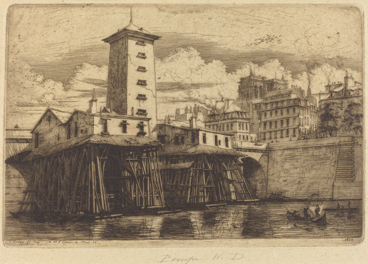 La Pompe Notre-Dame, Paris (The Notre-Dame Pump) by Charles Meryon (French, 1821 - 1868), 16X12"(A3)Poster Print