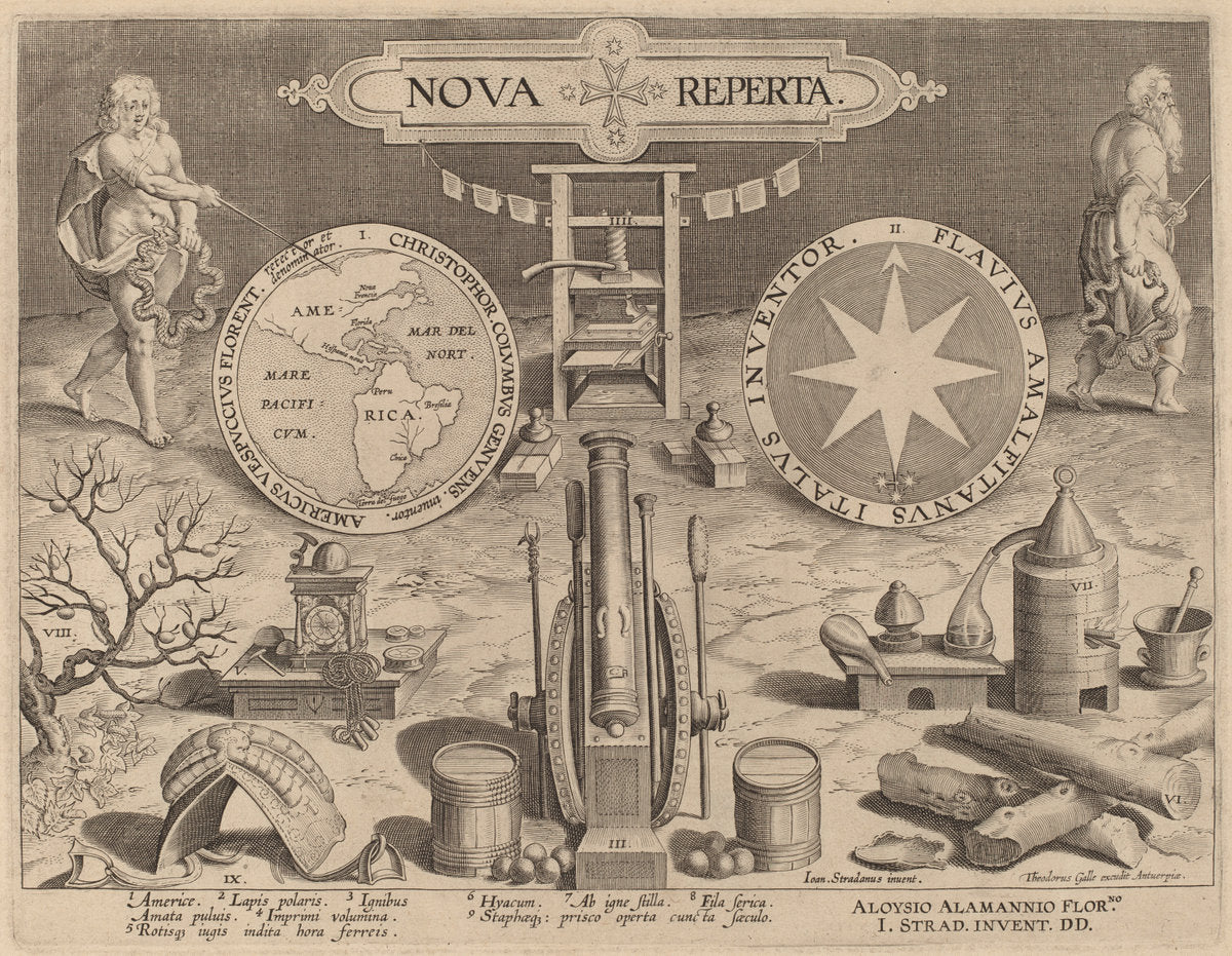 Title Page for "New Discoveries" by Theodor Galle after Jan van der Straet (Flemish, c. 1571 - 1633), 16X12"(A3)Poster Print