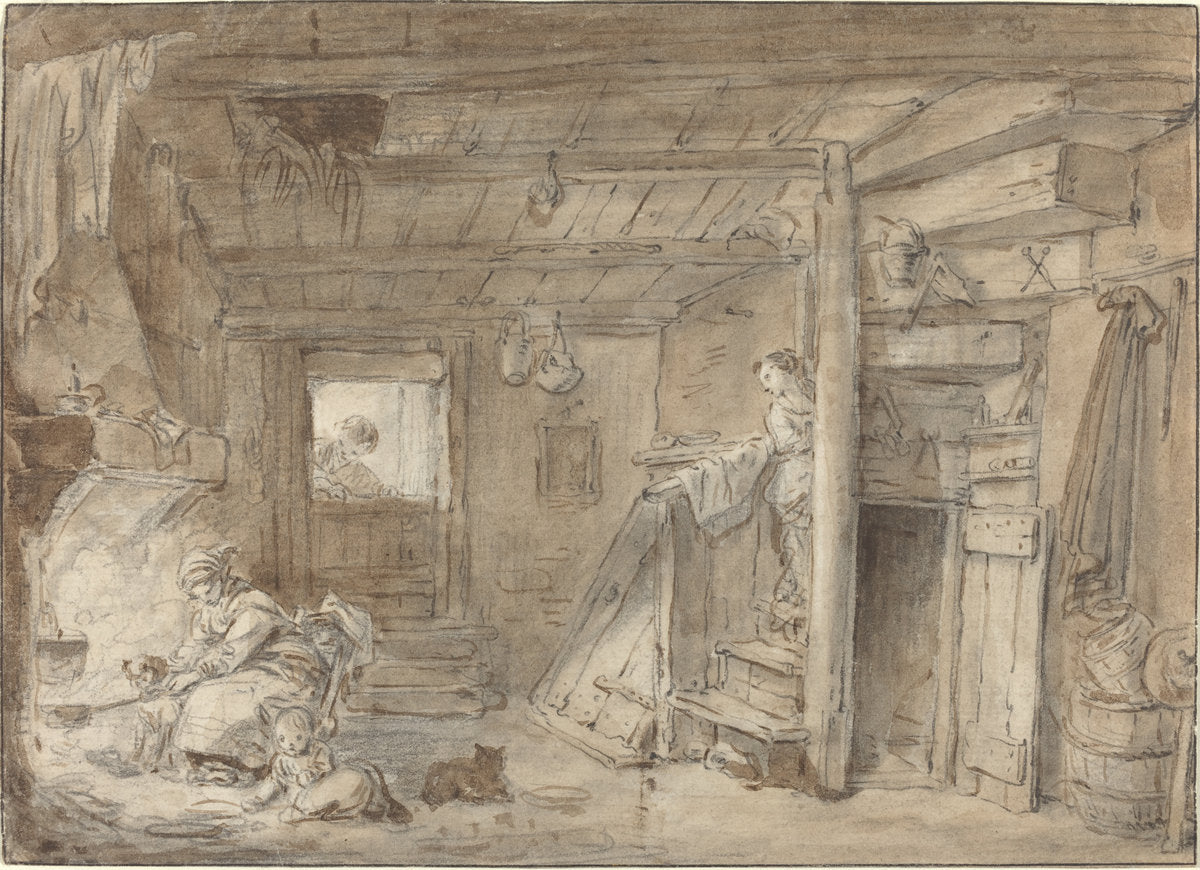 Interior of a Farmhouse with Figures by Attributed to Hubert Robert (French, 1733 - 1808), 16X12"(A3)Poster Print