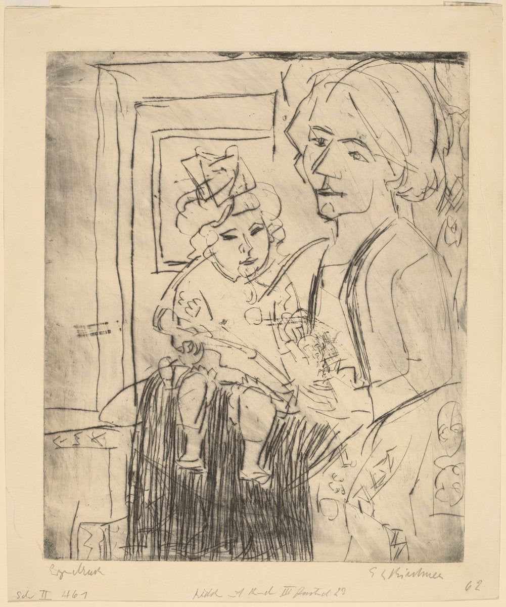 Young Woman with Child by Ernst Ludwig Kirchner (German, 1880 - 1938), 16X12"(A3)Poster Print