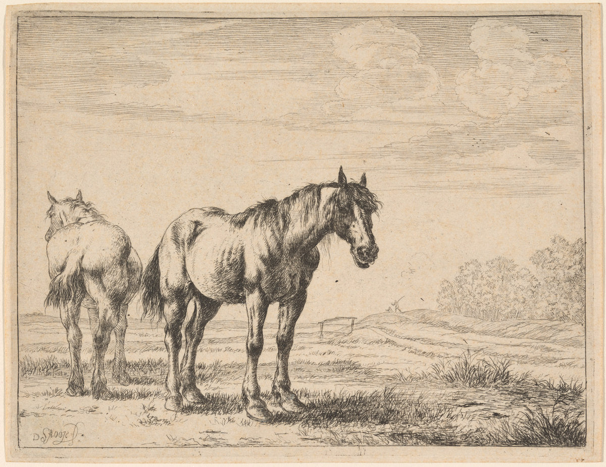 Two Plow Horses Standing in a Field by Dirck Stoop (Dutch, 1618 - 1676), 16X12"(A3)Poster Print