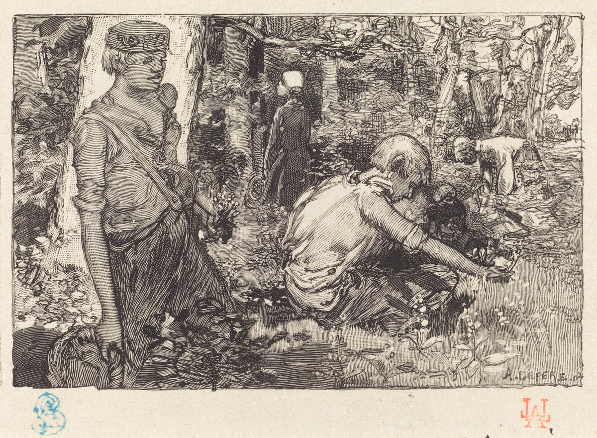 Gathering of May-lily (La cueillette du muguet) by Auguste Lepère (French, 1849 - 1918), 16X12"(A3)Poster Print