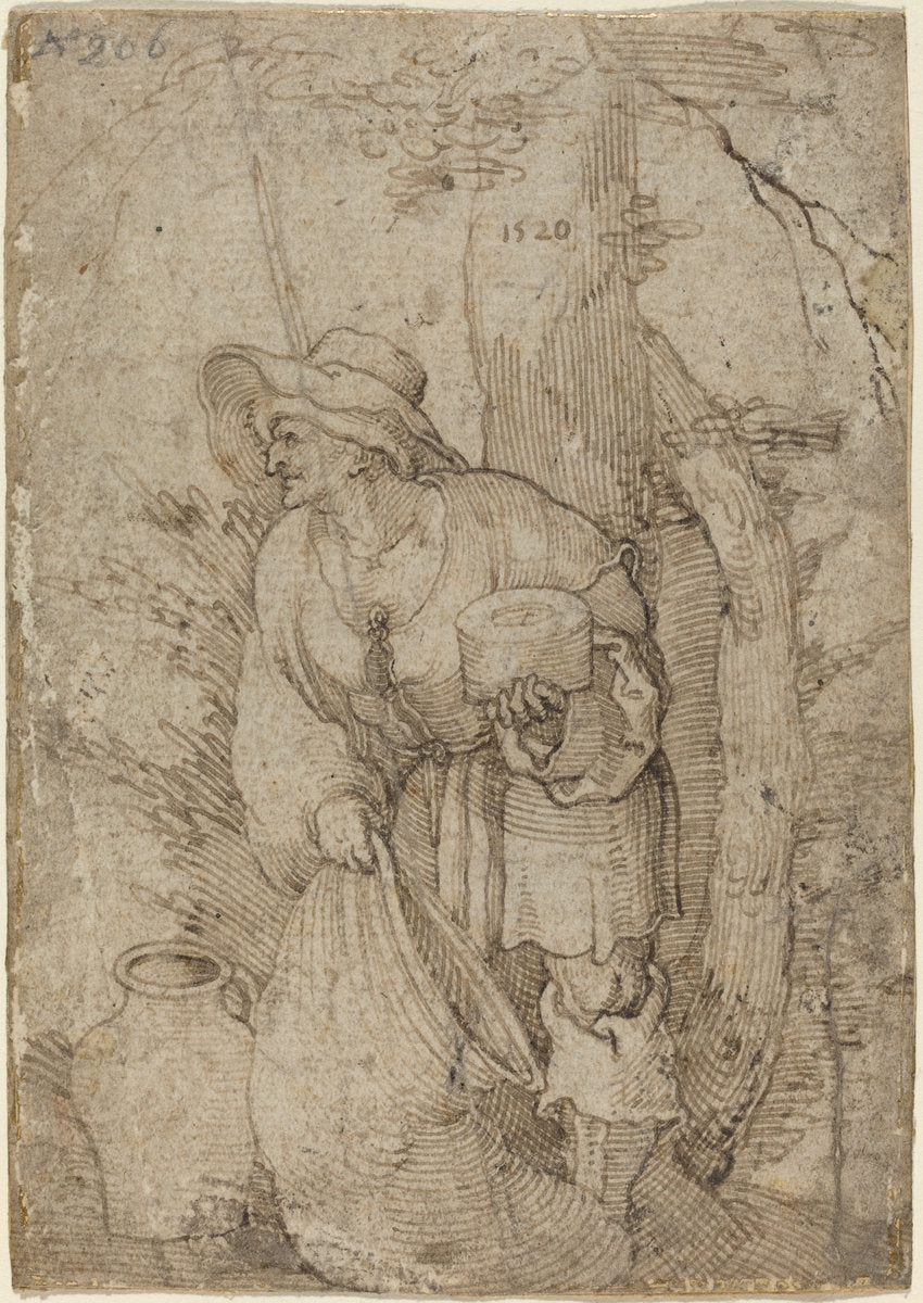 Old Man Standing under Tree by Sebald Beham (German, 1500 - 1550), 16X12"(A3)Poster Print
