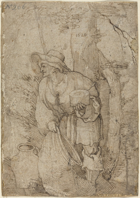 Old Man Standing under Tree by Sebald Beham (German, 1500 - 1550), 16X12"(A3)Poster Print