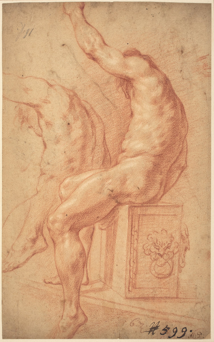 red chalk with incising on laid paper by Italian 17th Century (A Seated Nude), 16X12"(A3)Poster Print