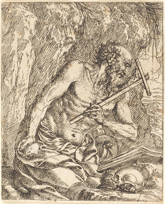 Saint Jerome Penitent by Jonas Umbach (German, c. 1624 - 1693), 16X12"(A3)Poster Print
