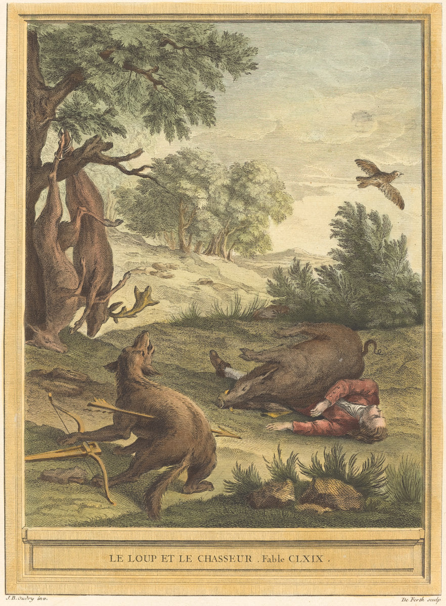 Le loup et le chasseur (The Wolf and the Hunter) by A.-J. de Fehrt after Jean-Baptiste Oudry (French, 1723 - 1774), 16X12"(A3)Poster Print