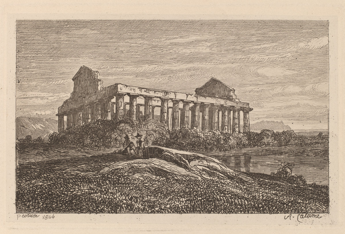 Ruins at Paestum by Alexandre Calame (Swiss, 1810 - 1864), 16X12"(A3)Poster Print