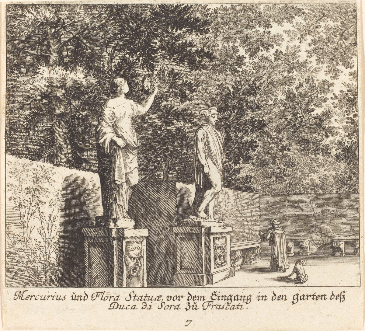 Statues of Mercury and Flora, Gardens of Dukedi Sora, Frascati by Melchior Küsel after Johann Wilhelm Baur (German, 1626 - 1683), 16X12"(A3)Poster Print