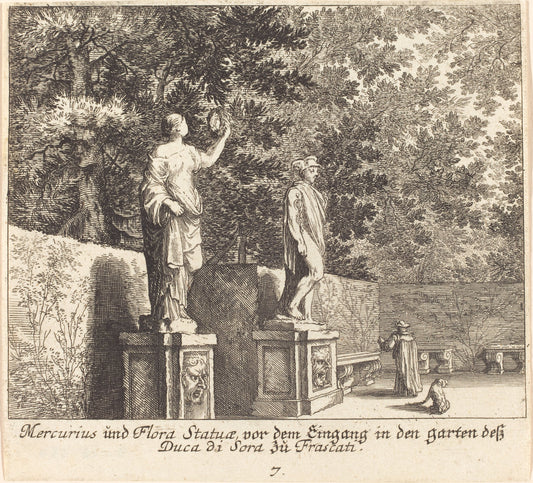 Statues of Mercury and Flora, Gardens of Dukedi Sora, Frascati by Melchior Küsel after Johann Wilhelm Baur (German, 1626 - 1683), 16X12"(A3)Poster Print
