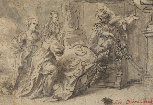 pen and brown ink with gray wash on laid paper by Follower of Abraham van Diepenbeeck (Philomela, Procne, and the Thracian King Tereus), 16X12"(A3)Poster Print