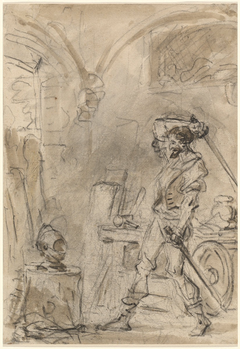 Don Quixote about to Strike the Helmet by Jean-Honoré Fragonard (French, 1732 - 1806), 16X12"(A3)Poster Print
