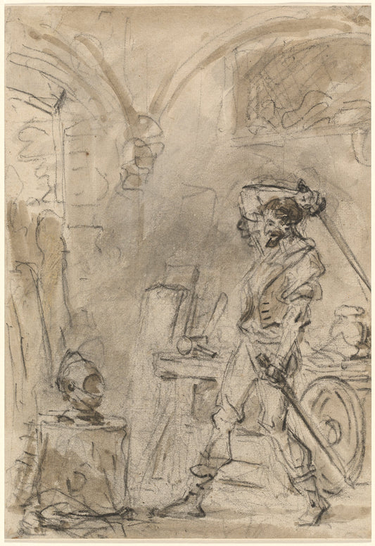 Don Quixote about to Strike the Helmet by Jean-Honoré Fragonard (French, 1732 - 1806), 16X12"(A3)Poster Print