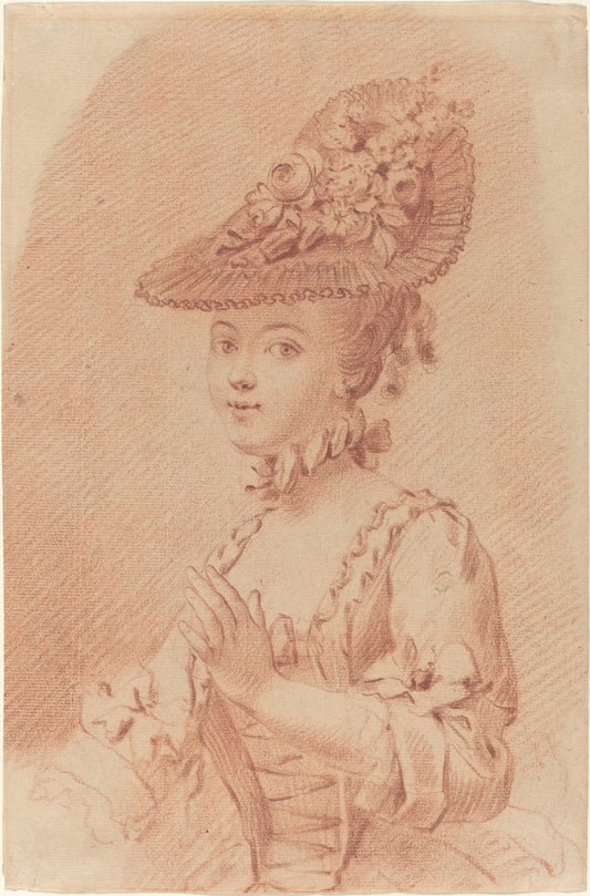 red chalk on light beige laid paper by French 18th Century (A Young Girl Wearing a Flowered Hat), 16X12"(A3)Poster Print