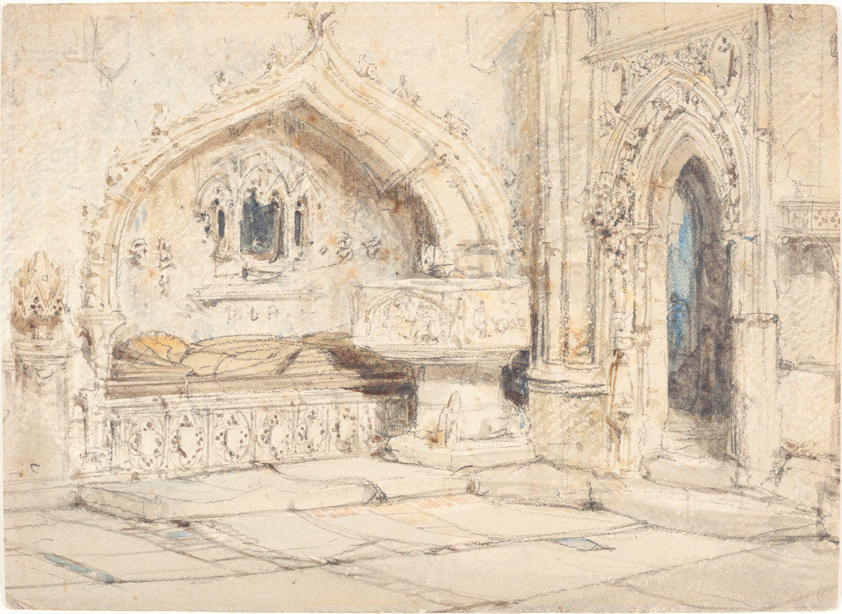 Interior of a Church with a Wall Tomb and Medieval Font by Louis Haghe (British, 1806 - 1885), 16X12"(A3)Poster Print
