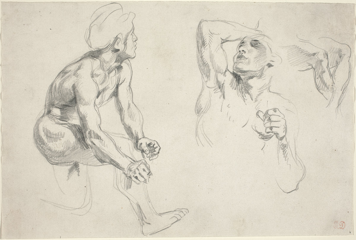 Male Nude Posing for Figures in the "Frise de la Guerre" by Eugène Delacroix (French, 1798 - 1863), 16X12"(A3)Poster Print