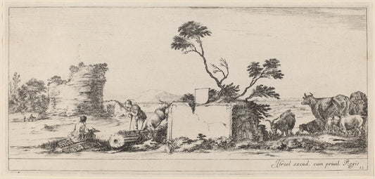 Campagna Scene with Artist Sketching by Stefano Della Bella (Italian, 1610 - 1664), 16X12"(A3)Poster Print