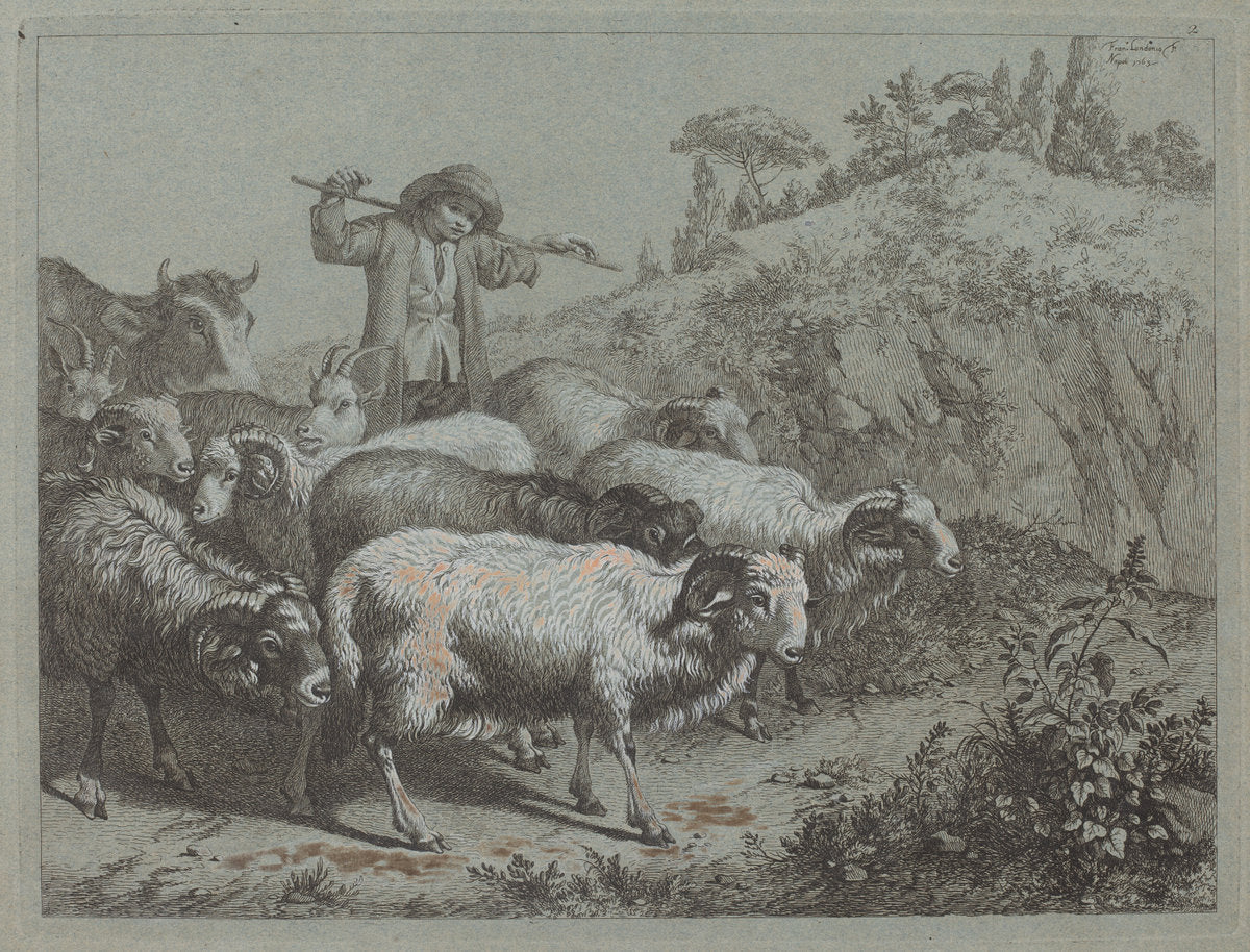 Shepherd with his Flock by Francesco Londonio (Italian, 1723 - 1783), 16X12"(A3)Poster Print