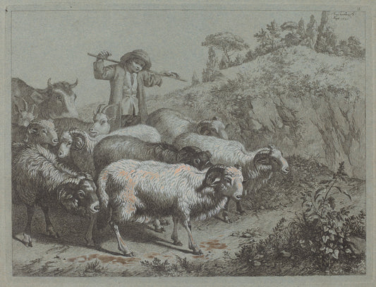 Shepherd with his Flock by Francesco Londonio (Italian, 1723 - 1783), 16X12"(A3)Poster Print