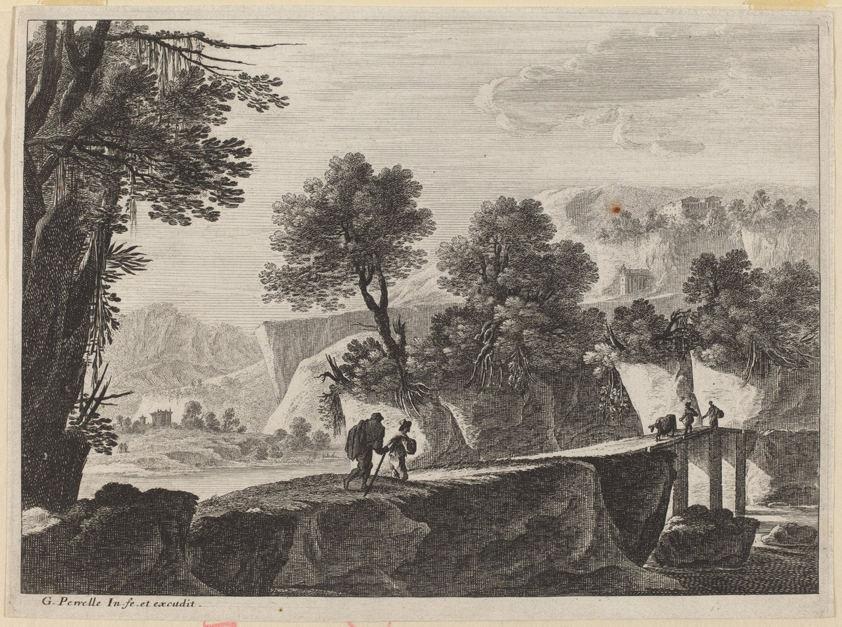 Travelers Approaching a Bridge by Gabriel Perelle (French, 1603 - 1677), 16X12"(A3)Poster Print