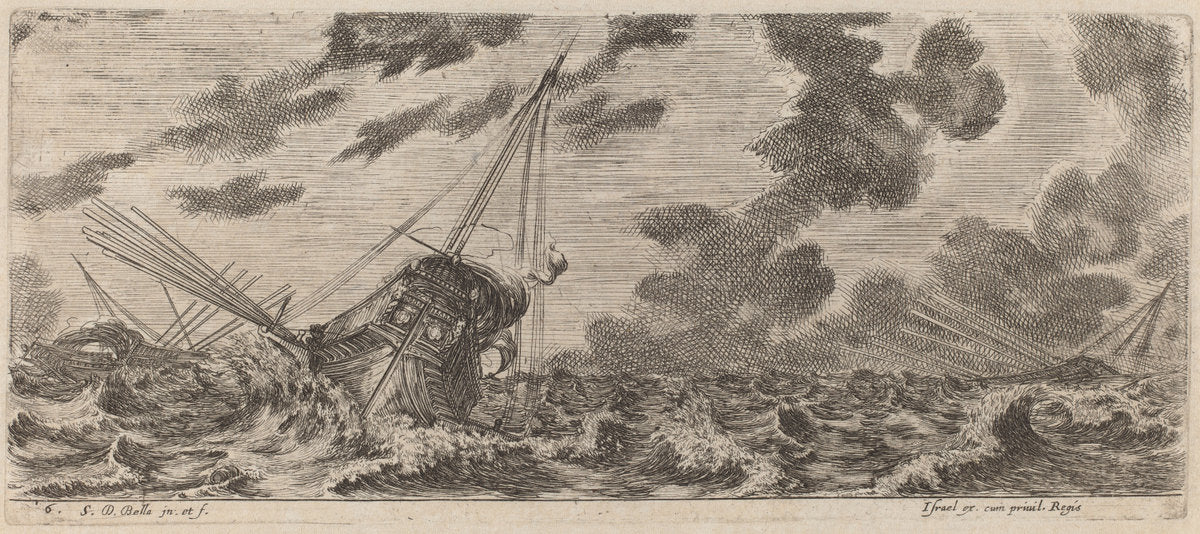 Ship in Tempest by Stefano Della Bella (Italian, 1610 - 1664), 16X12"(A3)Poster Print
