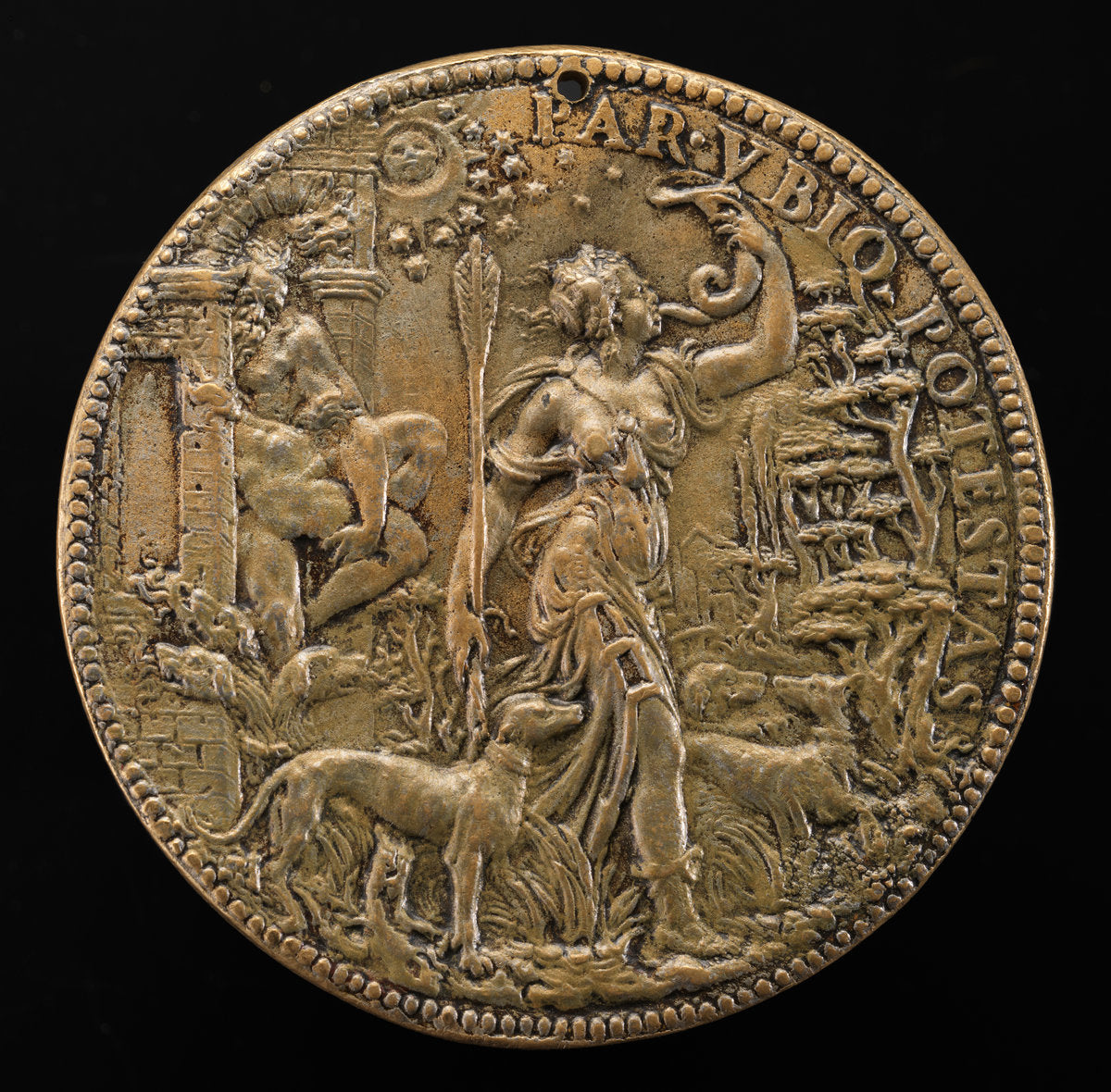 Ippolita as Diana with Hunting Dogs in a Landscape; behind her Pluto and Cerberus [reverse] by Leone Leoni (Milanese, c. 1509 - 1590), 16X12"(A3)Poster Print
